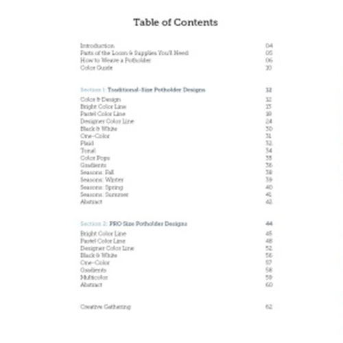 Potholder Loom Designs: 140 Colorful Patterns - Table of Contents