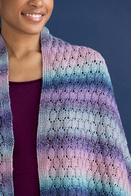 Close-up of the Adalynn lace scarf in Ella Rae Color Magic Pretty in Pink (510), showing lilac, aqua, and navy stripes
