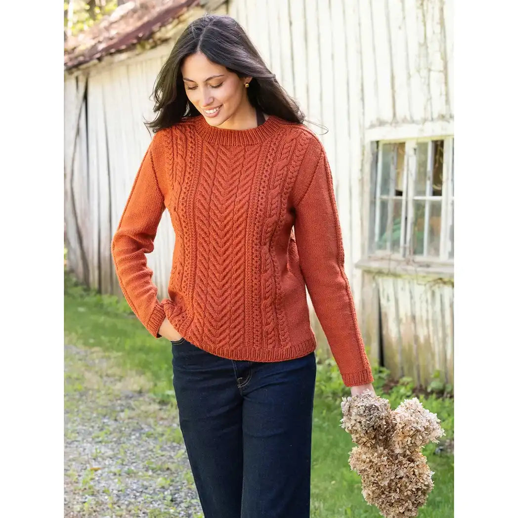Farm & Fiber Knits Fall 2026 - Finished Project Image, Orange knitted sweater