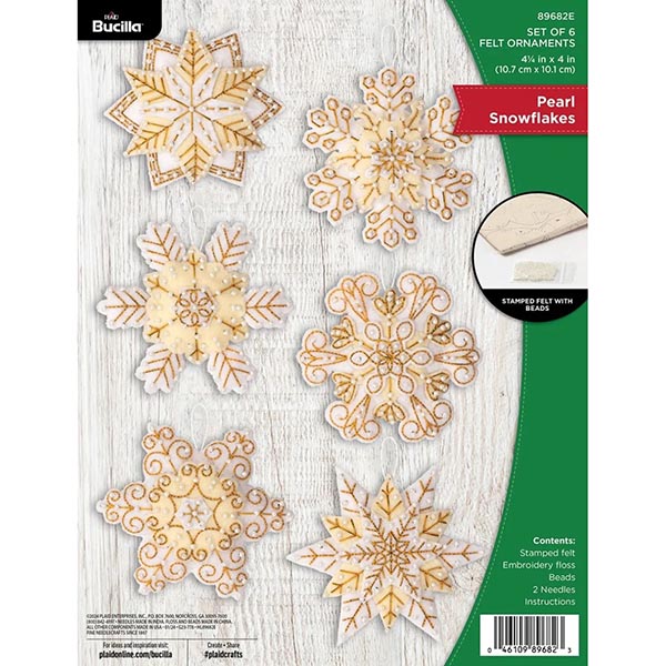 Bucilla Felt Ornaments Applique Kit - Pearl Snowflakes - Package