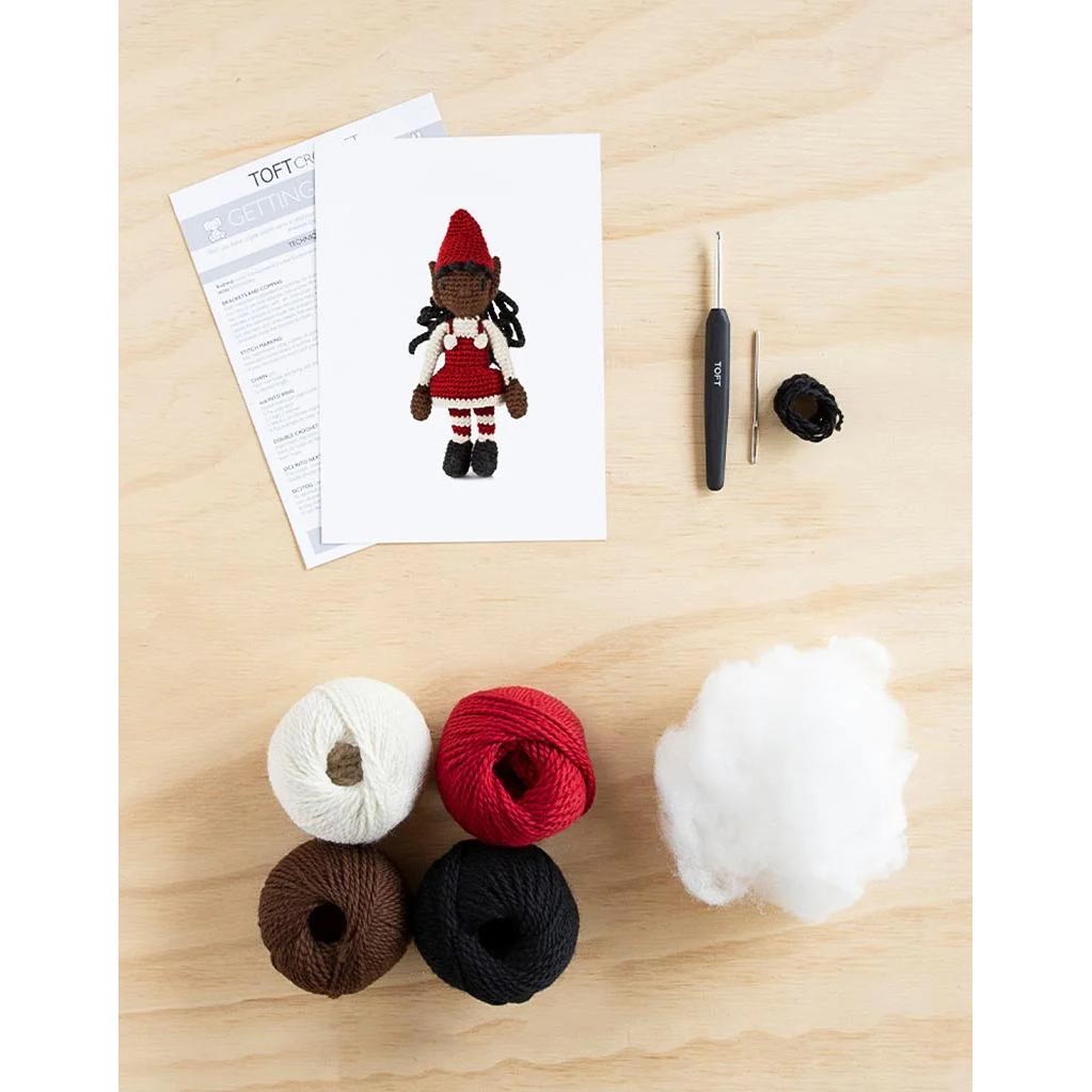 TOFT Crochet Kit - Elfie Doll Ruby - Kit Contents