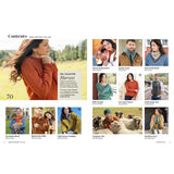 A printed catalog spread showing the Contents page for the Fall Collection Harvest, with a large photo of a woman wearing an orange knit sweater and several smaller model photos displaying other knitted garments and accessories.