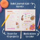 An open bullet journal-style planner spread on a blue textured background, with decorative yarn balls and colored pencils around it. White text overlays read 'Bullet journal-style layouts,' 'Room for 40 projects,' and 'Illustrations to color,' showing the journal's interior pages with colorful planning sections and doodles.
