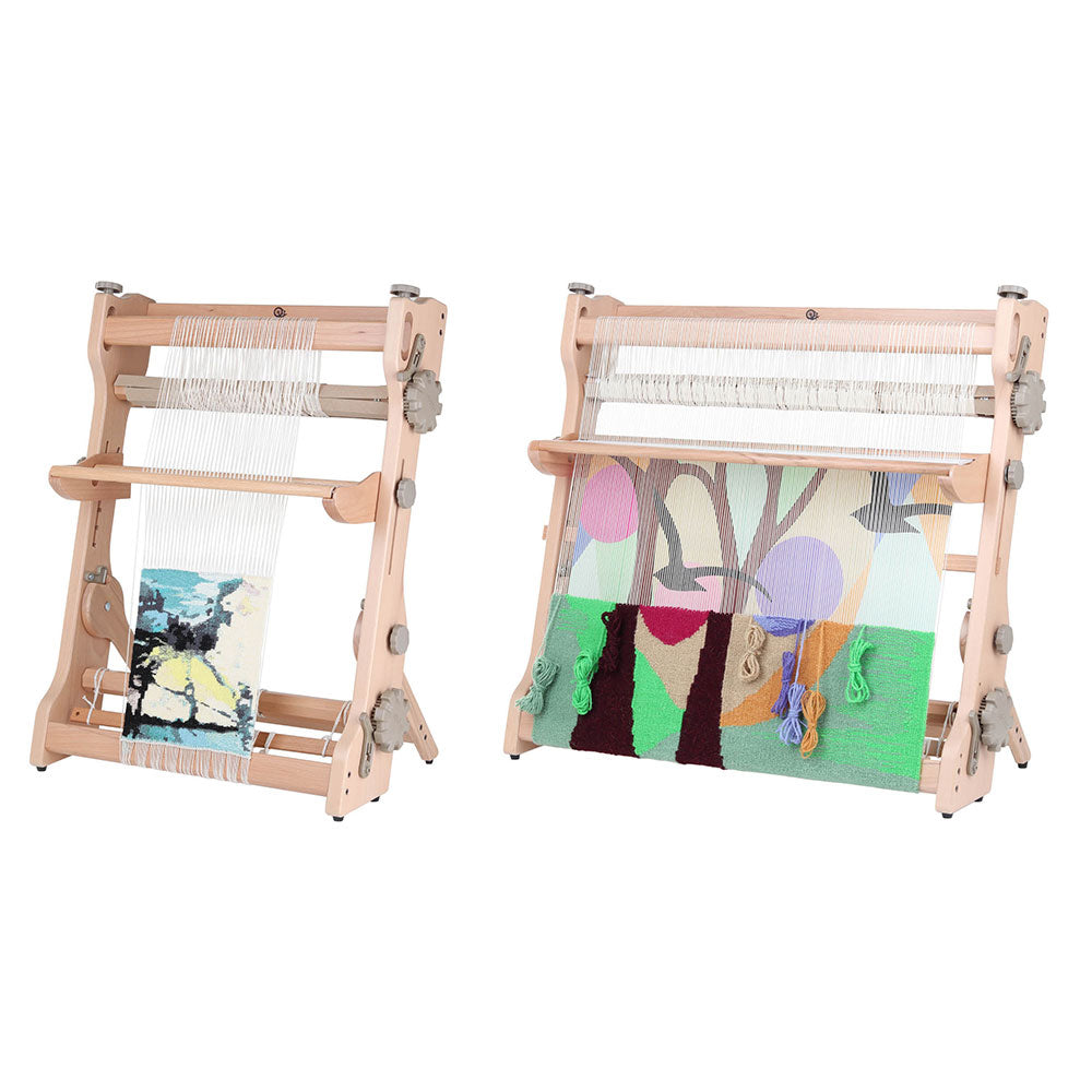 Two wooden looms with woven fabric on a white background