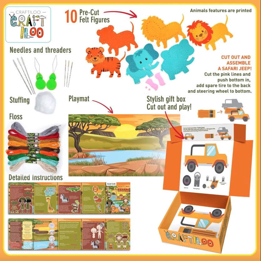 Craftiloo Sewing Kit for Kids - Safari - Contents