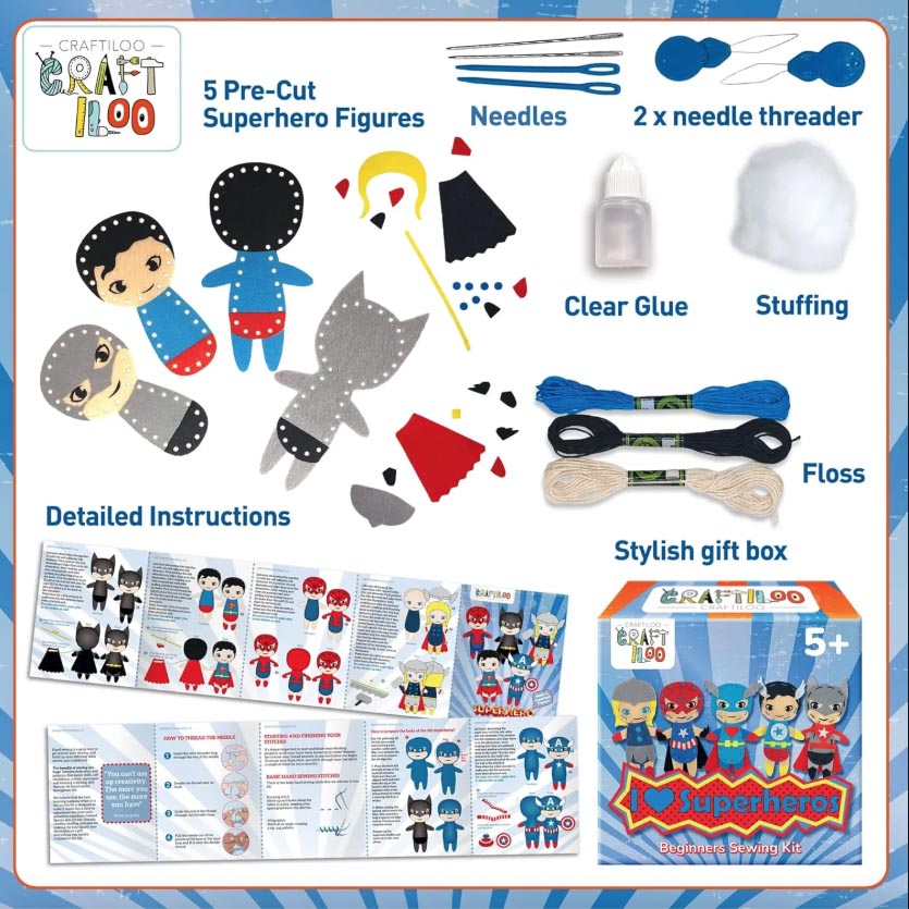 Craftiloo Sewing Kit for Kids - Superheroes - Contents