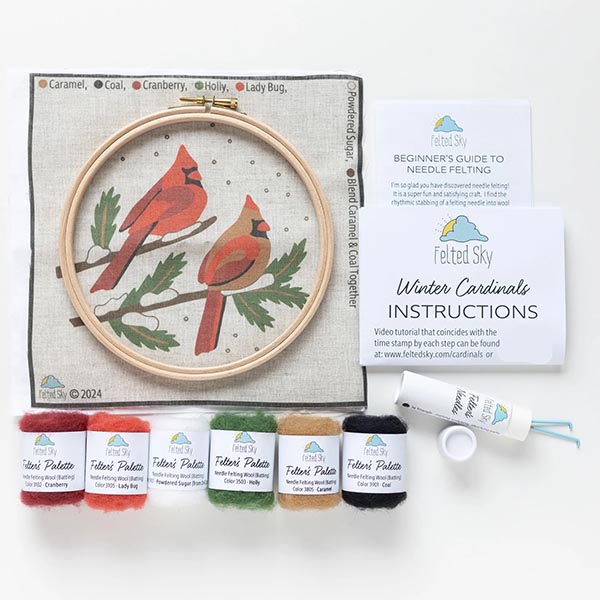 Coloring with Wool Needle Felting Kit - Winter Cardinals - Kit Contents