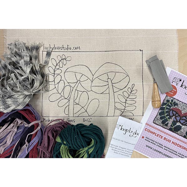 Beginner Rug Hooking Kit - Ferns & Mushrooms - Contents