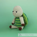 Hardicraft DIY Crochet Kit - Toby Turtle tan turtle with a striped green shell on a gradient green background.