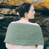 Back view of the Cave Point shawl draped over a woman’s shoulders, garter body and lace border in green Quince & Co. Chickadee